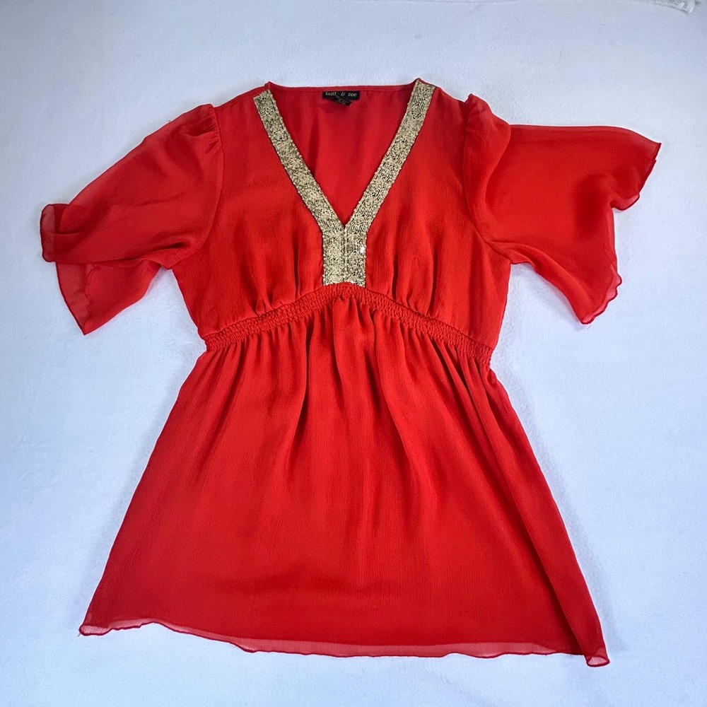 Faith & Zoe Red Sequin V-Neck Babydoll Blouse Flutter Sleeve Empire Waist Medium